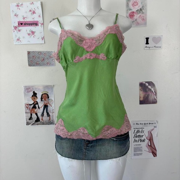 Vintage 100% silk Y2K Green & Pink Lace Trim Silk Cami Top Size L — Indie Sleaze - Picture 7 of 8